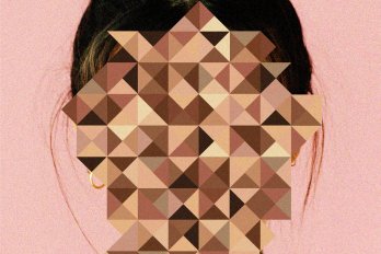 A woman's head against a pink background. Her face is obscured by a mosaic of various flesh-coloured tones.