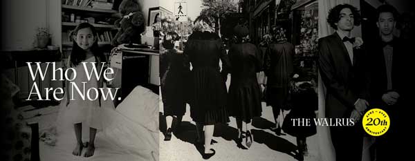 Trois photographies en noir et blanc d'une jeune fille souriante, d'une famille marchant et de deux jeunes hommes en costume.