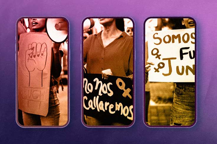 Three smartphones showing pictures of women protesting.