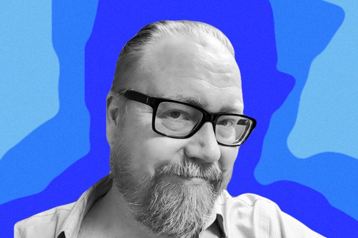 Black and white headshot of poet George Murray on a blue background