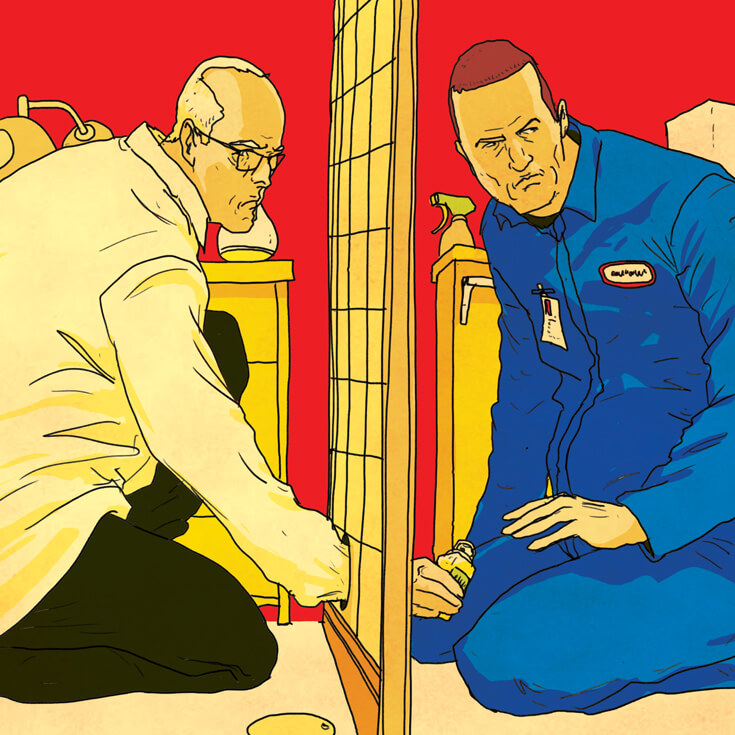 An illustration of an athlete receiving a contraband bottle of clean urine from another man through a hole in a wall.