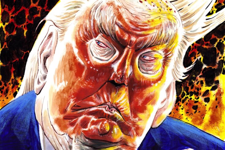 Illustration of President Donald Trump with his finger on a red button and flames in the background.