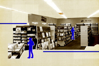 An image of inside a Blockbuster Video store with two blue silhouette figures standing the the aisles looking for videos.
