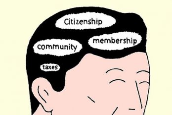 Cartoon of a man's head with "citizenship," "community," "membership," and "taxes" written in his brain