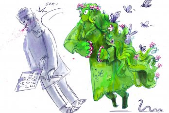 A cartoon of a protestor holding a sign that says "Save Mother Earth" and a beautiful woman with flowers in her hair next to him