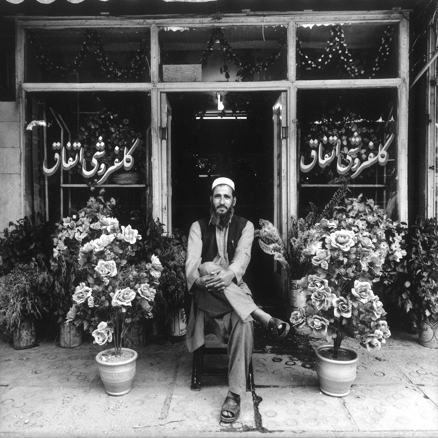 Black and white photograph of a bearded man wearing a hat, sitting in front of a flower shop. There are potted rose bushes to his left and right.