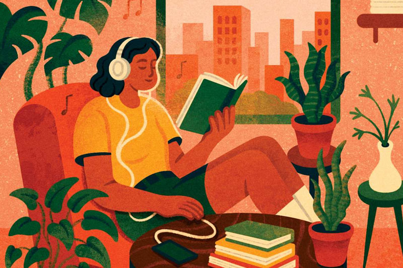 Illustration of a woman reclining on a chair reading a book.