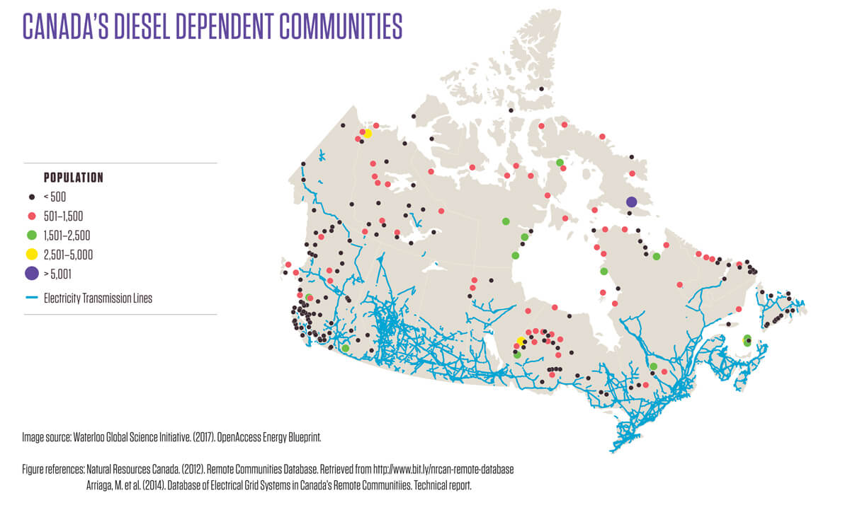 A map of remote communities in Canada that are dependent on diesel