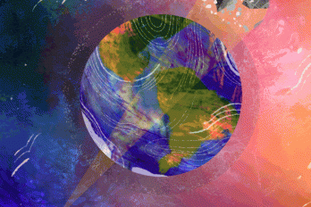An illustrated gif of planet Earth against a blue and pink atmosphere. A satellite-mounted spotlight darts around the globe and illuminates pieces of junk suspended in the atmosphere around it.