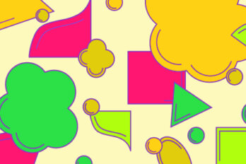 Banner illustration for Teen Walrus project featuring different yellow, pink and green shapes scattered on a lighter yellow background.