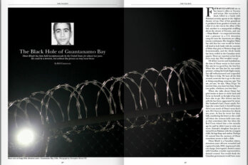 A magazine layout from The Walrus magazine with the image of barbed wire in the front and a small picture of Omar Khadr with the text "The Black Hole of Guantanamo Bay" written below it.